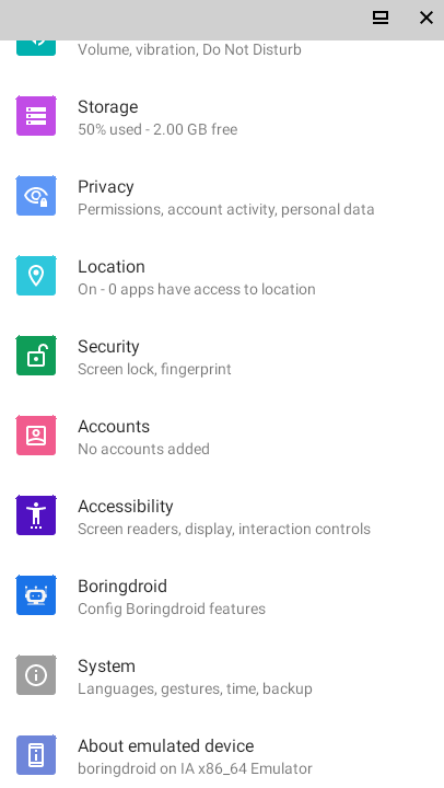 `BoringdroidSettings` entry in official settings app dashboard